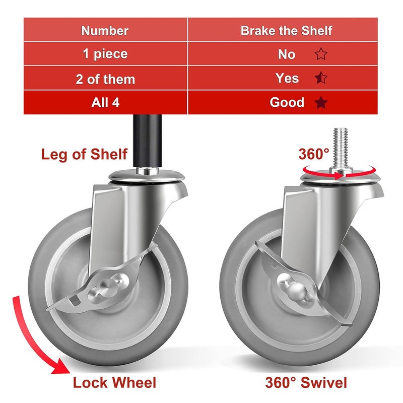 FOCBUGU 4 Inch 3/8-16x1 Threaded Stem Caster Wheels with Brake, Set of 4 Heavy Duty Locking Wheel, TPR Soft Quiet Swivel Casters for Cart, Furniture and Shelving - Image 5